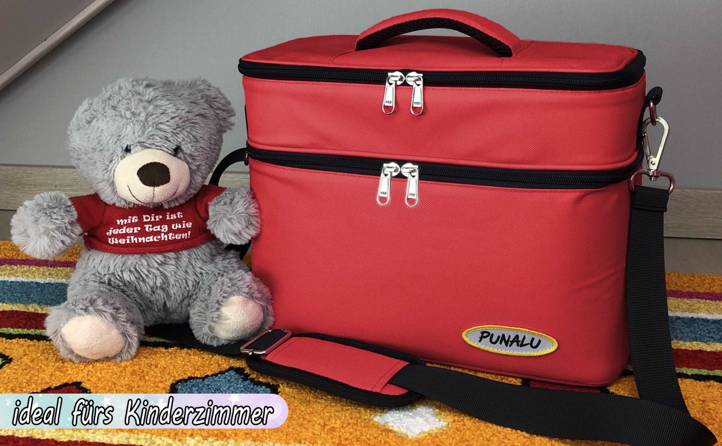 geschlossene Punalu Toniebox Tasche in rot mit teddybär ideal füs kinderzimmer