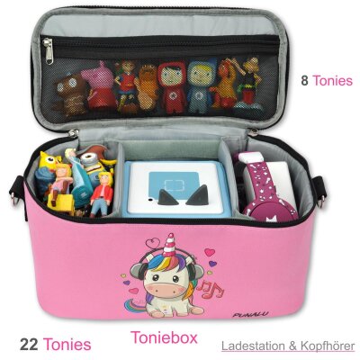 Punalu Tasche f&uuml;r Toniebox, Platz f&uuml;r 30 Tonies, Ladeger&auml;t und Kopfh&ouml;rer (rosa mit Einhorn)