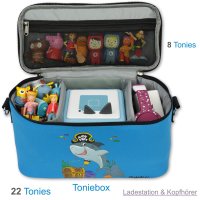 Punalu Tasche f&uuml;r Toniebox, Platz f&uuml;r 30 Tonies, Ladeger&auml;t und Kopfh&ouml;rer (hellblau mit Hai)