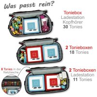 Punalu Tasche f&uuml;r Toniebox, Platz f&uuml;r 30 Tonies, Ladeger&auml;t und Kopfh&ouml;rer (rot mit Bagger)