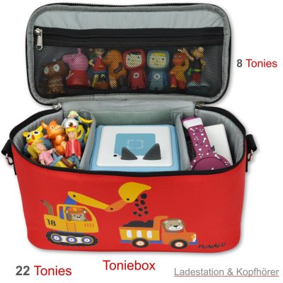 Punalu Tasche f&uuml;r Toniebox, Platz f&uuml;r 30 Tonies, Ladeger&auml;t und Kopfh&ouml;rer (rot mit Bagger)