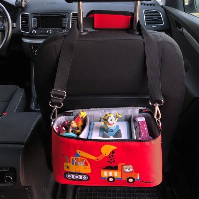 Punalu Tasche f&uuml;r Toniebox, Platz f&uuml;r 30 Tonies, Ladeger&auml;t und Kopfh&ouml;rer (rot mit Bagger)