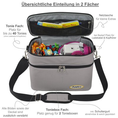 Punalu gro&szlig;e Tasche f&uuml;r Toniebox und Zubeh&ouml;r, Platz f&uuml;r 68 Tonies H&ouml;rfiguren, Toniebox Tasche (grau)