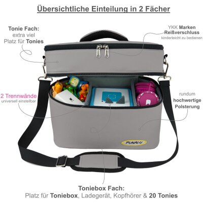 Punalu gro&szlig;e Tasche f&uuml;r Toniebox und Zubeh&ouml;r, Platz f&uuml;r 68 Tonies H&ouml;rfiguren, Toniebox Tasche (grau)