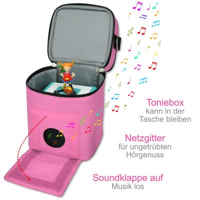 Punalu Toniebox Tasche ge&ouml;ffnete Soundklappe mit Tonies vor Spielhaus